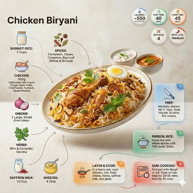 Nano Banana Prompt - Ultra-clean modern recipe infographic. Showcase briyani in a