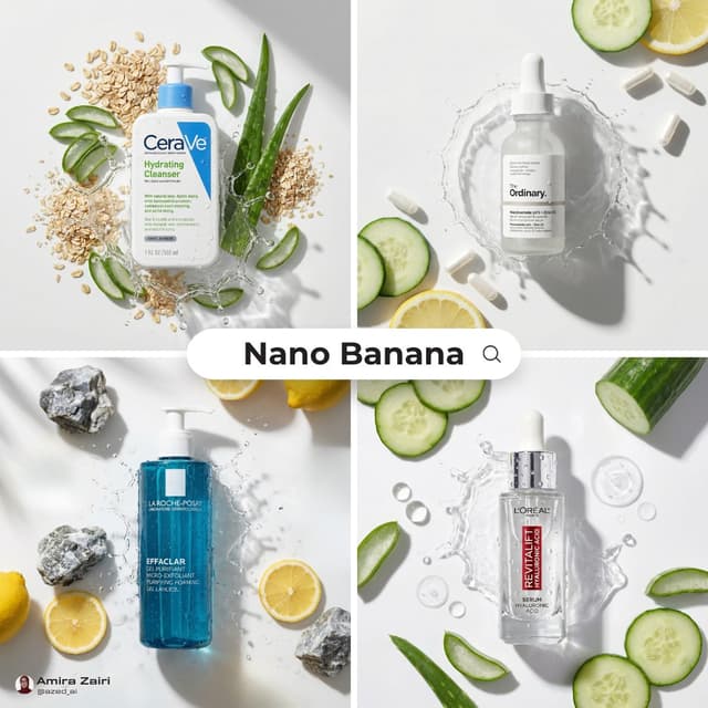 Nano Banana Prompt - [产品]，俯视平铺中心位置，周围环绕[成分]，新鲜切片和整块，光泽湿润外观，水花冻结在产品周围，露珠附着在标签和表面，温