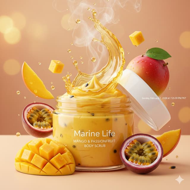 Nano Banana Prompt - Luxurious tropical body scrub product photography, open jar