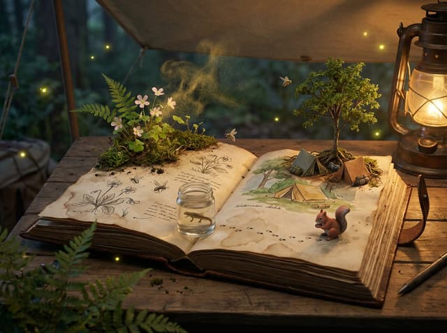 Nano Banana Prompt - Epic 3D scene: a weathered field journal lies open on a natu