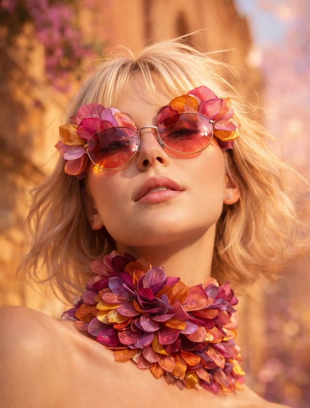 GPT Image Prompt - Low-angle close-up portrait of a platinum blonde woman weari