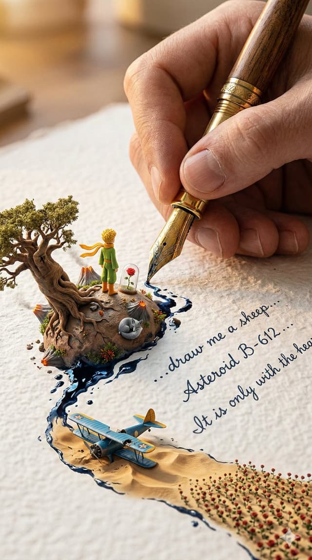Nano Banana Prompt - A colossal hand gripping an enormous vintage fountain pen, c