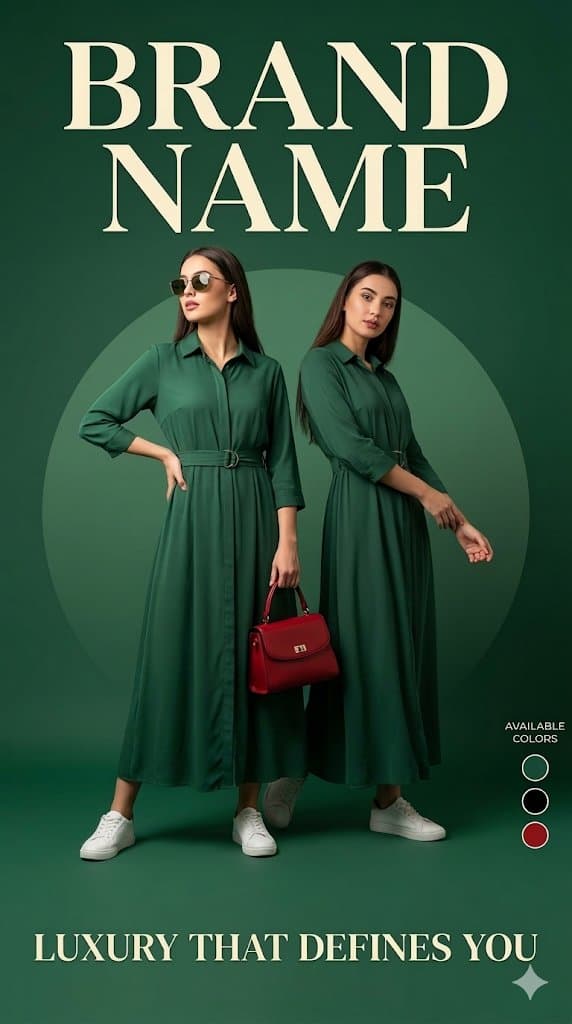 Nano Banana Prompt - Luxury fashion advertisement poster, deep green background w