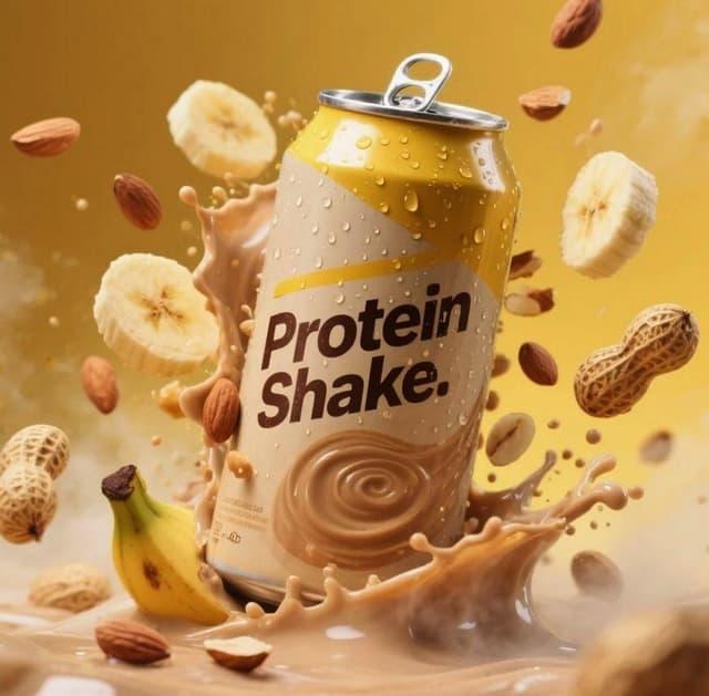 Nano Banana Prompt - Hyper-realistic product advertisement of a protein shake can