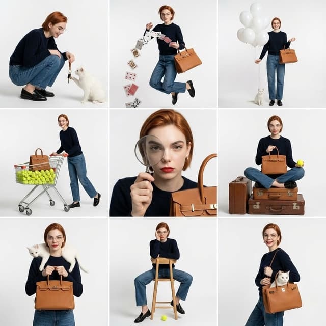 Nano Banana Prompt - studio fashion collage, 3x3 grid layout, same subject repeat