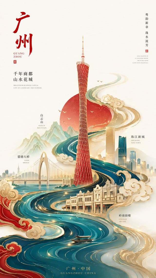 GPT Image Prompt - 新中式极简风格高端城市海报,9:16竖版构图,以广州为核心主题,画面中心为抽象几何化的广州塔,造型简洁但具有辨识度,