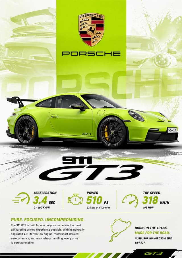 GPT Image Prompt - A vibrant lime green Porsche 911 GT3 is showcased in a dynam