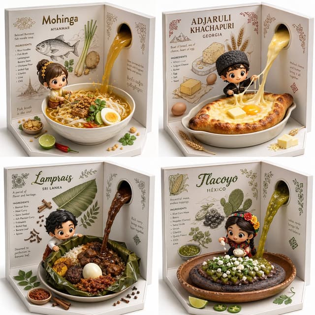 GPT Image Prompt - 2x2 grid, do this for 4 hidden gem international foods selec