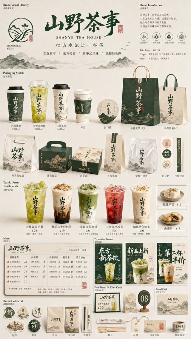 GPT Image Prompt - 生成一张[餐饮品牌触点矩阵]系列视觉图，用于展示一个完整的餐饮品牌视觉系统与包装应用方案。

这是一个面向餐饮行业的品牌