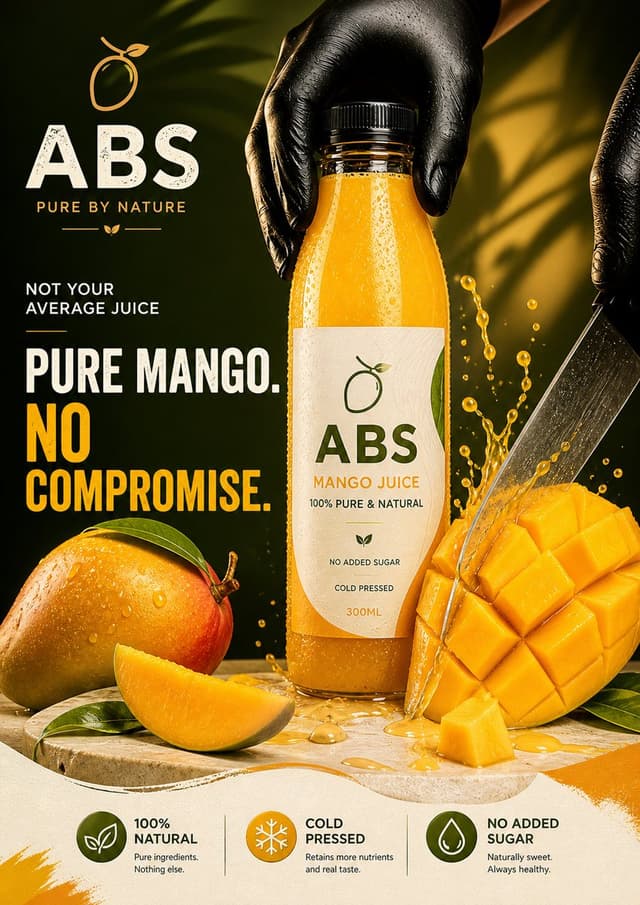 Other Prompt - Ultra-realistic premium mango juice advertisement poster wit