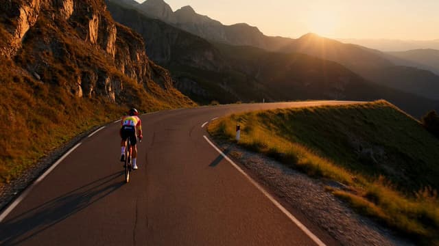 Grok Imagine Prompt - aerial drone shot, sweeping view, a cyclist speeds along a w