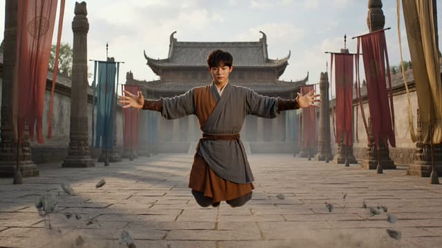 Grok Imagine Prompt - A young warrior monk floats mid-air inside a temple courtyar
