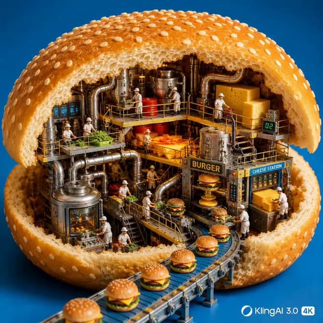 Kling Prompt - Cross section of giant sesame burger bun Miniature burger fa