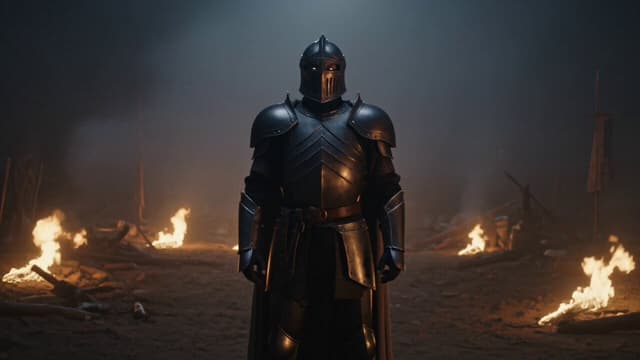 Kling Prompt - -Dark medieval battlefield at night, burning fires scattered