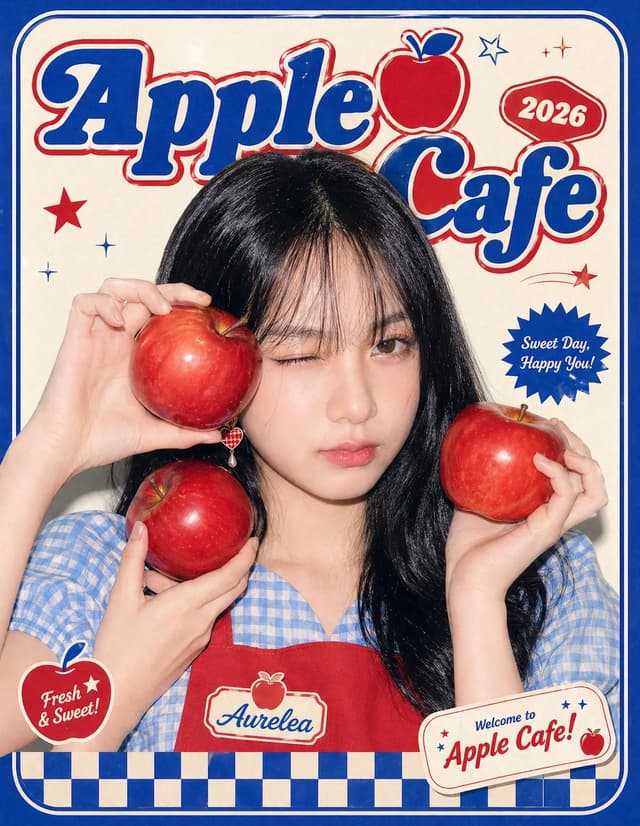 GPT Image Prompt - Ultra-stylized fashion editorial poster, cute Asian girl model posing confidently in center frame, glossy skin, soft makeup, long black hair with wispy bangs, trendy streetwear
