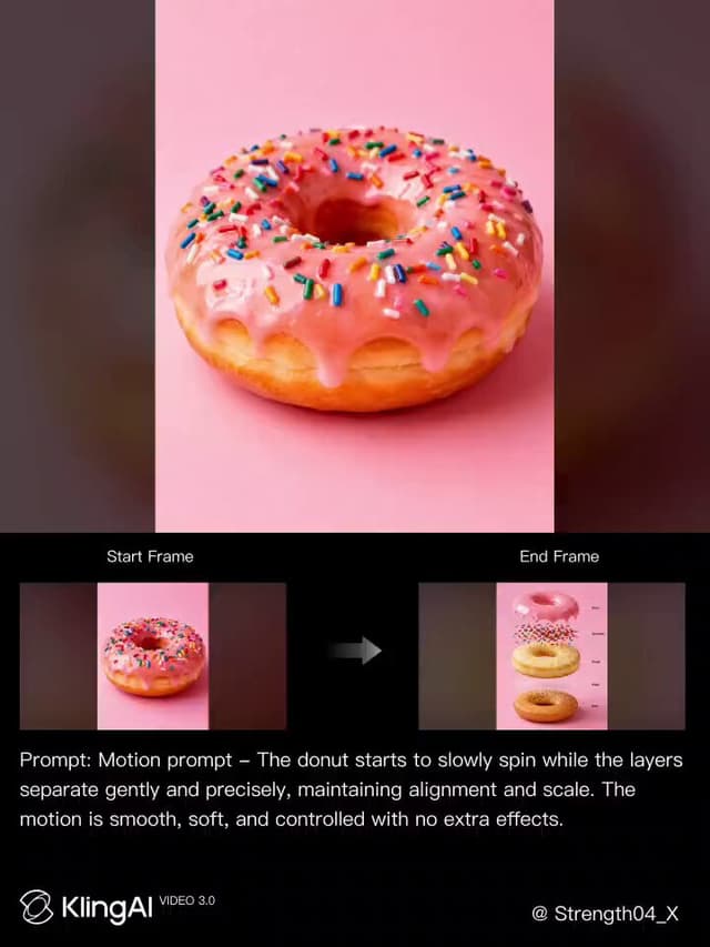 Kling Prompt - A premium dessert product photograph of a glazed donut cente