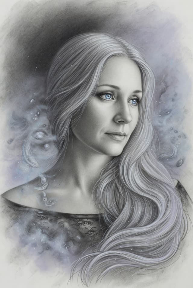Grok Imagine Prompt - A serene portrait of a woman with flowing silver hair and pi