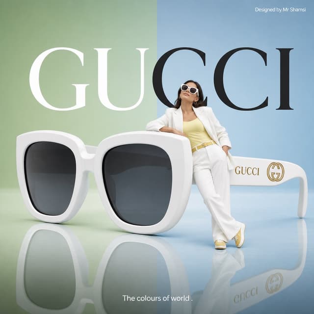 GPT Image Prompt - Minimalist commercial ad featuring oversized white GUCCI sun