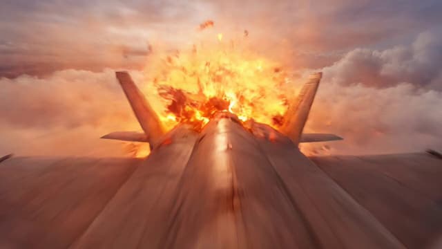 Grok Imagine Prompt - FPV shot: Flying through a jet crash explosion midair The ca
