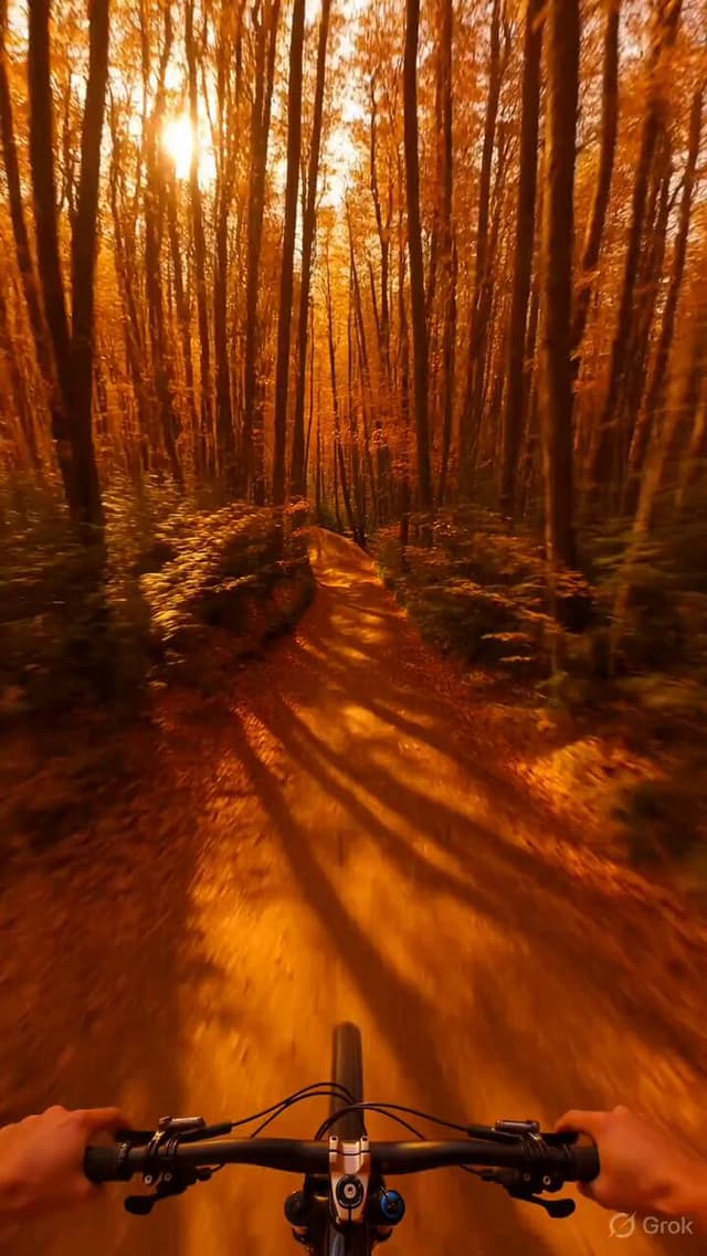 Grok Imagine Prompt - An exhilarating POV video of riding a mountain bike at extre