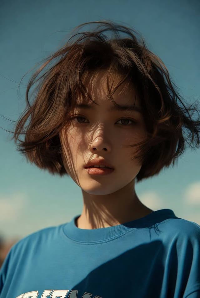 Nano Banana Prompt - Cinematic close-up portrait of a young Asian woman with shor