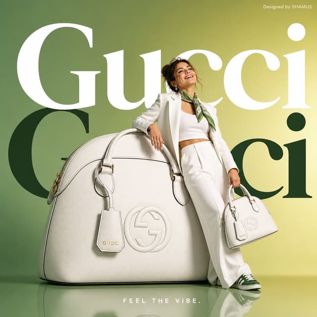 GPT Image Prompt - Minimalist commercial ad featuring oversized white GUCCI han