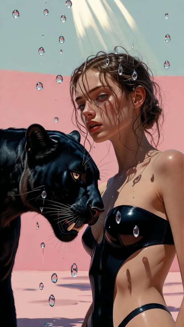 Grok Imagine Prompt - a black panther near a beautiful woman wearing minimal desig