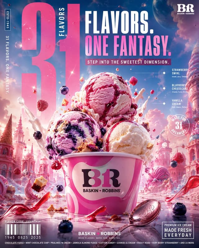 Nano Banana Prompt - BASKIN ROBBINS — “31 FLAVORS. ONE FANTASY.”
ULTRA-PREMIUM GL
