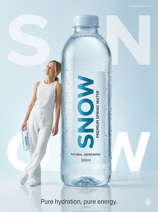 Nano Banana Prompt - Minimalist commercial ad featuring oversized SNOW Water Bott