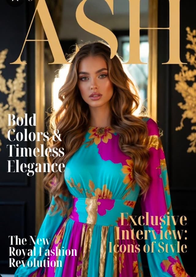 Grok Imagine Prompt - A high-end fashion magazine cover titled "ASH" in large gold