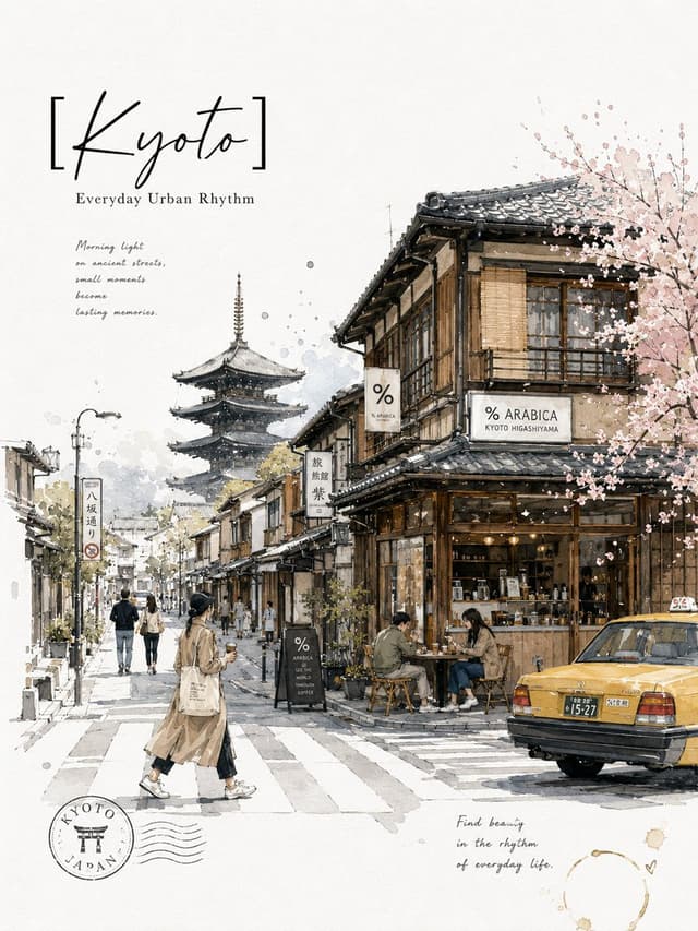 GPT Image Prompt - Minimalist ultra-high-resolution travel sketch poster of Kyo
