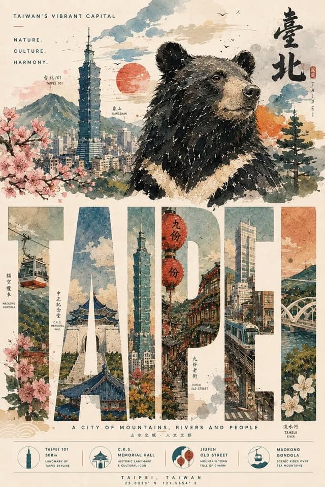 GPT Image Prompt - Watercolor and ink travel poster of Taipei, Taiwan with a vi