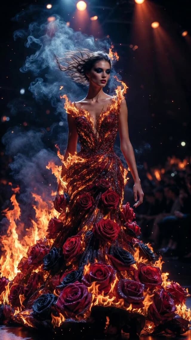 Grok Imagine Prompt - A poised woman in a surreal flame and rose couture gown stri