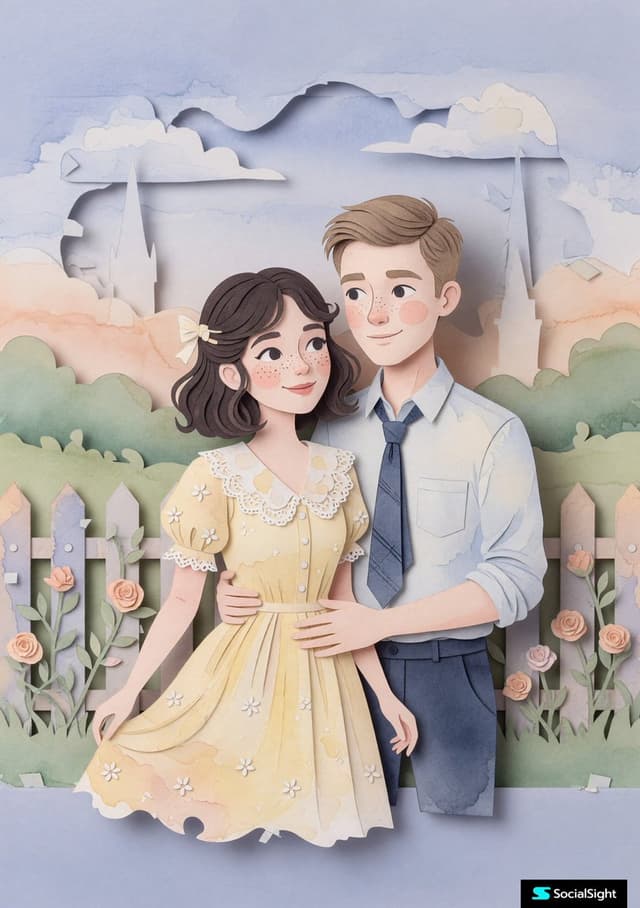 Grok Imagine Prompt - A whimsical pastel paper-cut illustration of a young romanti