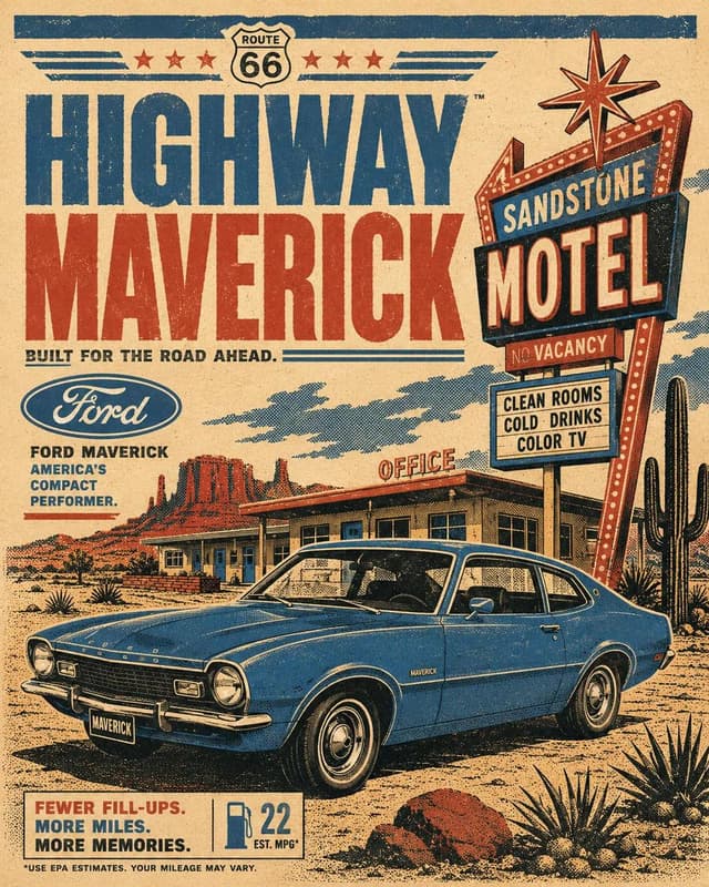 GPT Image Prompt - Retro automotive travel poster of a [CAR MODEL] parked or cr