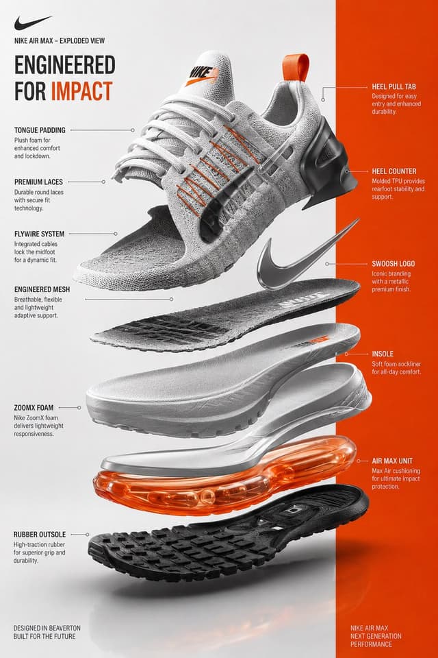 GPT Image Prompt - A premium exploded-view infographic of a futuristic Nike sne