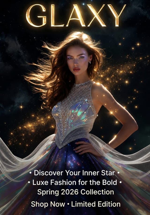 Kling Prompt - A luxurious cosmic fashion poster featuring a stunning woman