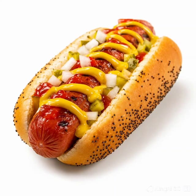 Kling Prompt - - A premium fast-food product photograph of a loaded hot dog