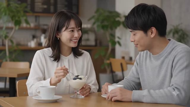 Gemini Omni Prompt - 日本人の男女がカフェで話しています。女性がおしゃれなヨーグルトを食べています。
そこから女性がニュースの解説動画のよう