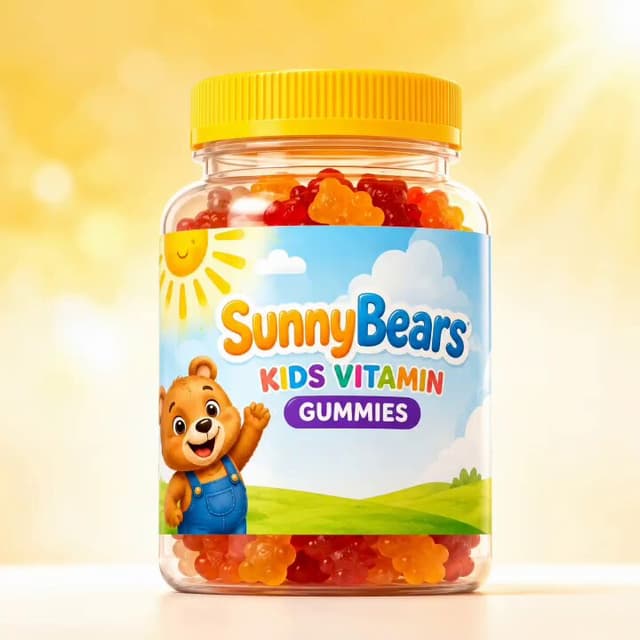 Kling Prompt - A colorful cheerful advertisement for "SunnyBears Kids Vitam