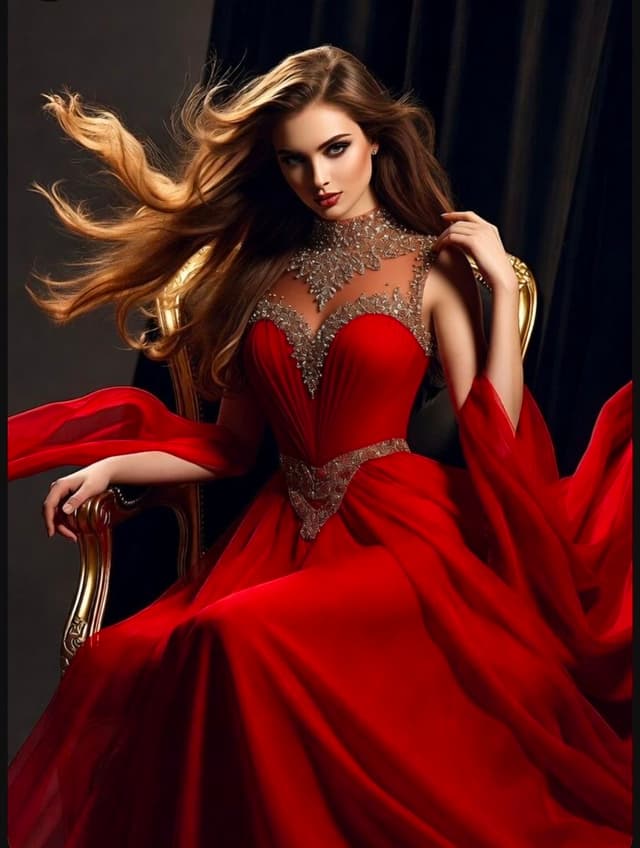 Grok Imagine Prompt - A high-fashion, dramatic portrait of a woman with long, flow