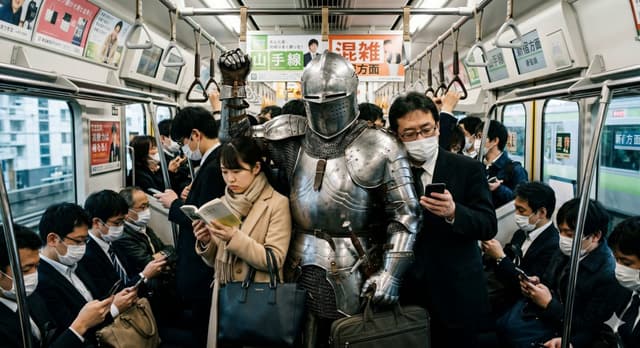 Gemini Omni Prompt - 満員電車の通勤ラッシュに揉まれる、巨大な中世のフルプレートアーマー騎士