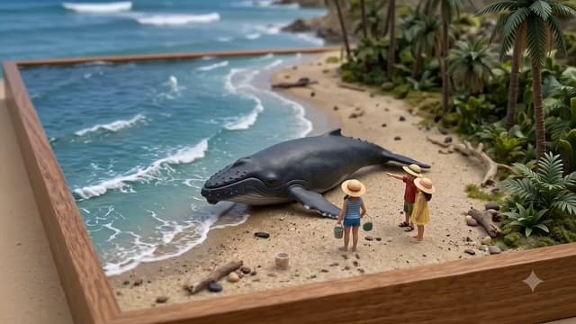 Gemini Omni Prompt - A tiny miniature world built around a giant stranded whale o