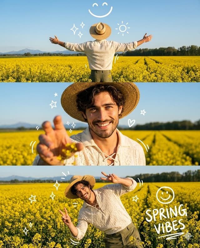 Nano Banana Prompt - A high-quality 3-panel vertical photo collage of a handsome
