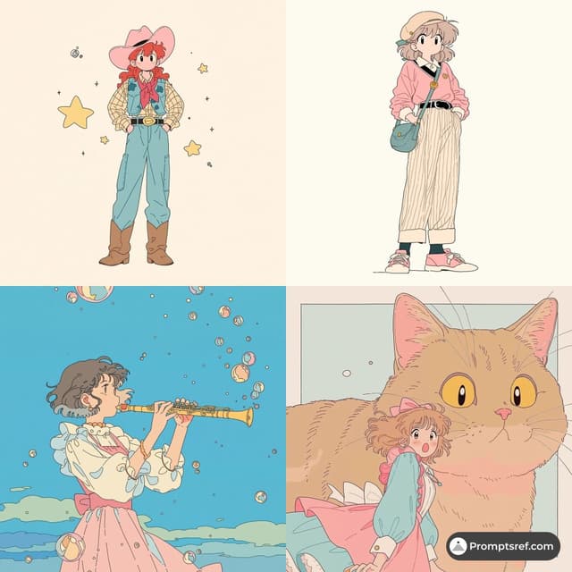 Midjourney Prompt - - retro japanese anime illustration, soft pastel palette, de