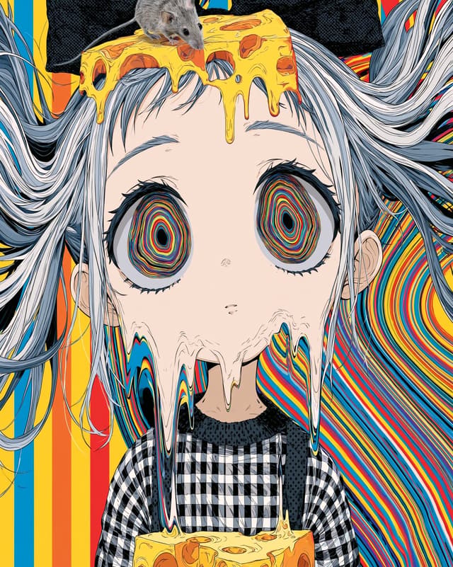 Midjourney Prompt - Hallucination, vibrant op art, kawaii chibi girl’s distorted