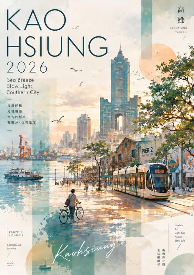GPT Image Prompt - Watercolor and collage travel poster for Kaohsiung, Taiwan, 