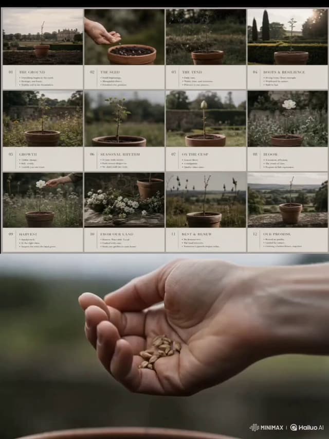 Seedance Prompt - Create a high-end 4:3 luxury garden pitch deck storyboard in