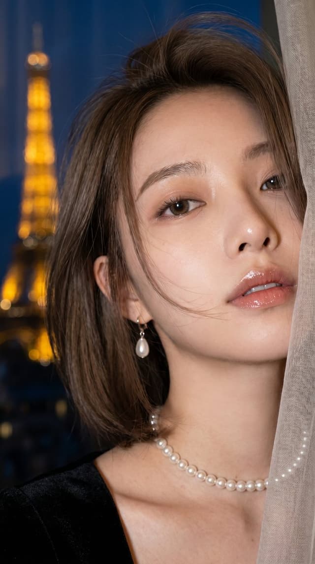 Midjourney Prompt - top-down flash close-up / Eiffel Tower bokeh / sheer curtain