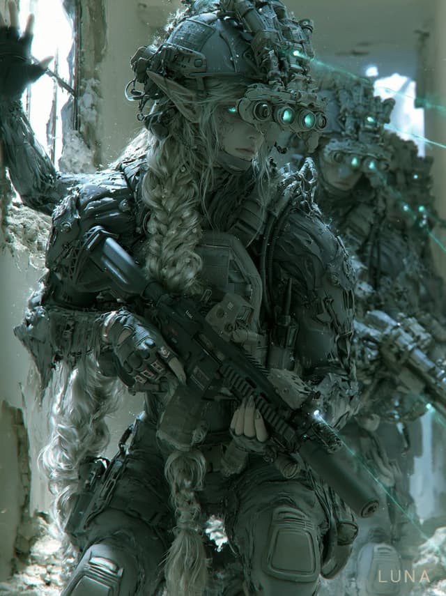 Midjourney Prompt - A Modern-Day Elven Warrior

"Night vision — set.
 Breaching 
